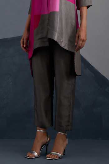 Buy_Clos_Grey Silk, Dupion V-neck, Collared Zenith Print Shirt And Pant Set _Online_at_Aza_Fashions