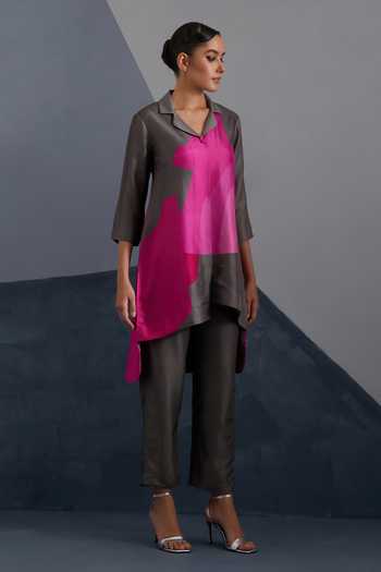 Shop_Clos_Grey Silk, Dupion V-neck, Collared Zenith Print Shirt And Pant Set _Online_at_Aza_Fashions
