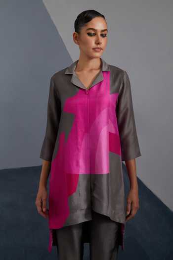 Clos_Grey Silk, Dupion V-neck, Collared Zenith Print Shirt And Pant Set _at_Aza_Fashions