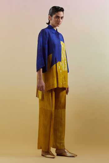 Clos Blue Silk, Dupion Collared Omen Printed Shirt And Pant Set Online at Aza Fashions Clos_Blue Silk, Dupion Collared Omen Printed Shirt And Pant Set _Online_at_Aza_Fashions