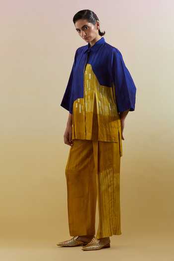 Buy Clos Blue Silk, Dupion Collared Omen Printed Shirt And Pant Set Online at Aza Fashions Buy_Clos_Blue Silk, Dupion Collared Omen Printed Shirt And Pant Set _Online_at_Aza_Fashions