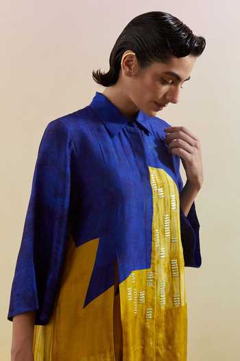 Shop Clos Blue Silk, Dupion Collared Omen Printed Shirt And Pant Set Online at Aza Fashions Shop_Clos_Blue Silk, Dupion Collared Omen Printed Shirt And Pant Set _Online_at_Aza_Fashions