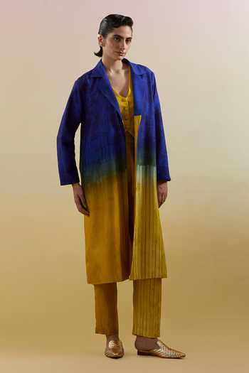 Clos_Yellow Silk, Dupion V-neck Omen Azure And Amber Jacket Pant Set _Online_at_Aza_Fashions