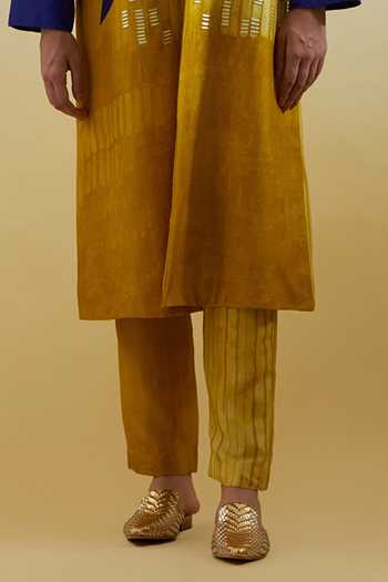 Buy_Clos_Yellow Silk, Dupion V-neck Omen Azure And Amber Jacket Pant Set _Online_at_Aza_Fashions