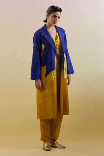 Shop_Clos_Yellow Silk, Dupion V-neck Omen Azure And Amber Jacket Pant Set _Online_at_Aza_Fashions