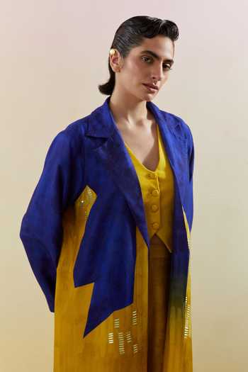 Clos_Yellow Silk, Dupion V-neck Omen Azure And Amber Jacket Pant Set _at_Aza_Fashions
