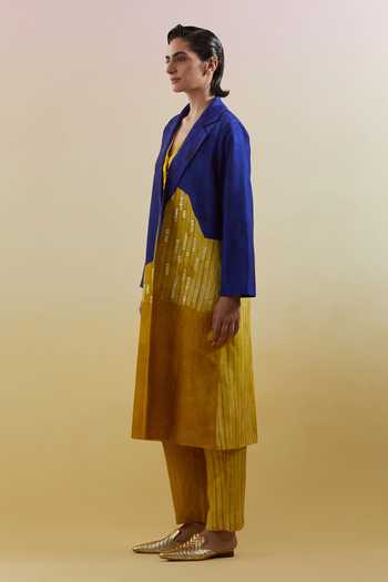 Buy_Clos_Yellow Silk, Dupion V-neck Omen Azure And Amber Jacket Pant Set 