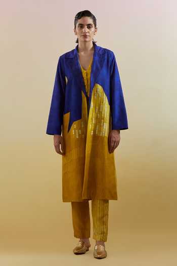Shop_Clos_Yellow Silk, Dupion V-neck Omen Azure And Amber Jacket Pant Set 