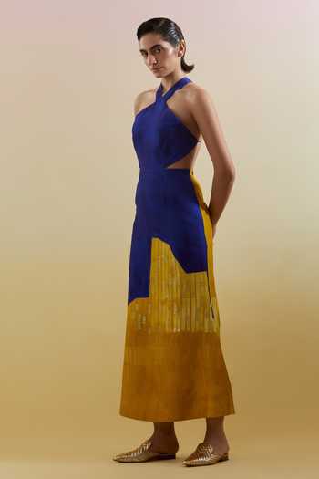 Clos_Blue Dupion, Silk Halter Neck Omen Azure And Amber Dress _Online_at_Aza_Fashions