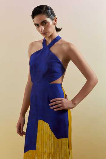 Buy_Clos_Blue Dupion, Silk Halter Neck Omen Azure And Amber Dress _Online_at_Aza_Fashions