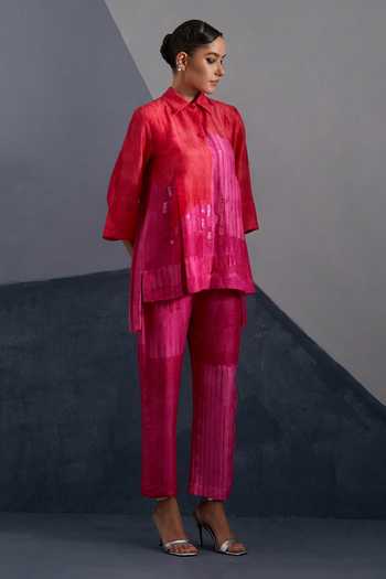Clos_Red Silk, Dupion Collared Omen Print Shirt And Pant Set _Online_at_Aza_Fashions