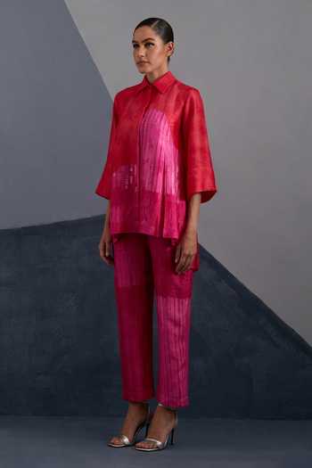 Buy_Clos_Red Silk, Dupion Collared Omen Print Shirt And Pant Set _Online_at_Aza_Fashions