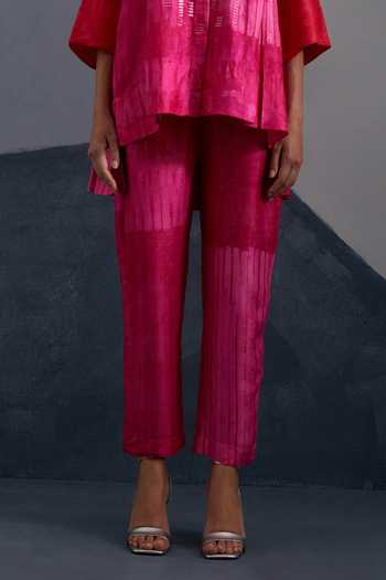 Shop_Clos_Red Silk, Dupion Collared Omen Print Shirt And Pant Set _Online_at_Aza_Fashions