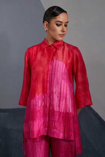 Clos_Red Silk, Dupion Collared Omen Print Shirt And Pant Set _at_Aza_Fashions