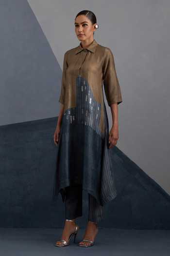 Clos_Brown Silk, Dupion Collared, Yes Omen Print Kurta And Pant Set _Online_at_Aza_Fashions