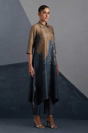 Buy_Clos_Brown Silk, Dupion Collared, Yes Omen Print Kurta And Pant Set _Online_at_Aza_Fashions