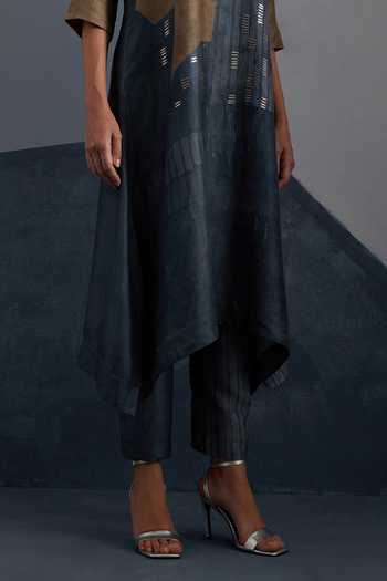 Shop_Clos_Brown Silk, Dupion Collared, Yes Omen Print Kurta And Pant Set _Online_at_Aza_Fashions