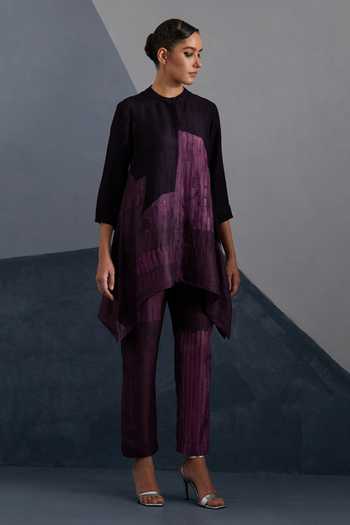 Clos Purple Silk, Dupion Mandarin Collar, Yes Omen Print Kurta And Pant Set Online at Aza Fashions Clos_Purple Silk, Dupion Mandarin Collar, Yes Omen Print Kurta And Pant Set _Online_at_Aza_Fashions