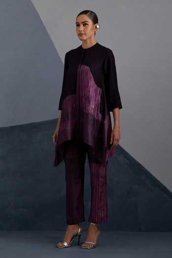 Buy Clos Purple Silk, Dupion Mandarin Collar, Yes Omen Print Kurta And Pant Set Online at Aza Fashions Buy_Clos_Purple Silk, Dupion Mandarin Collar, Yes Omen Print Kurta And Pant Set _Online_at_Aza_Fashions