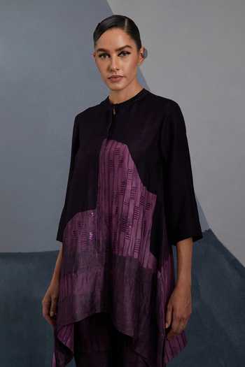 Shop Clos Purple Silk, Dupion Mandarin Collar, Yes Omen Print Kurta And Pant Set Online at Aza Fashions Shop_Clos_Purple Silk, Dupion Mandarin Collar, Yes Omen Print Kurta And Pant Set _Online_at_Aza_Fashions