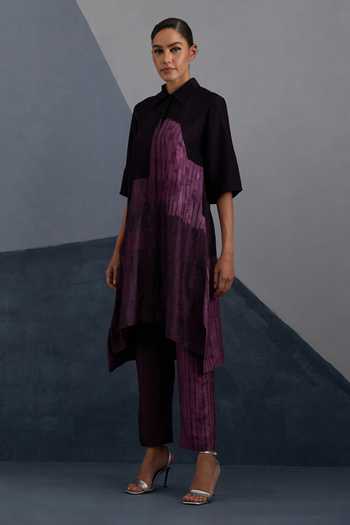 Clos_Purple Dupion, Silk Collared, Yes Omen Print Kurta And Pant Set _Online_at_Aza_Fashions