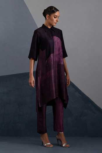 Buy_Clos_Purple Dupion, Silk Collared, Yes Omen Print Kurta And Pant Set _Online_at_Aza_Fashions