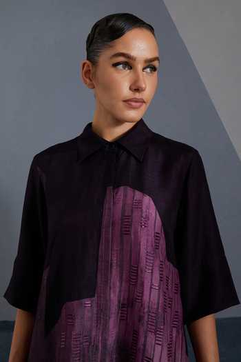 Clos_Purple Dupion, Silk Collared, Yes Omen Print Kurta And Pant Set _at_Aza_Fashions