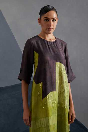 Shop_Clos_Green Dupion, Silk Round Neck, Yes Omen Print Kurta And Pant Set _Online_at_Aza_Fashions