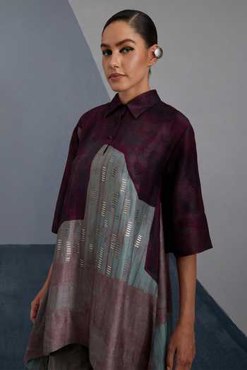 Shop_Clos_Green Silk, Dupion Collared Omen Print Kurta And Pant Set _Online_at_Aza_Fashions