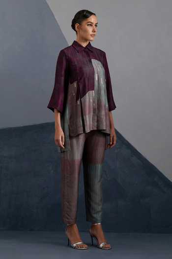 Clos_Purple Silk, Dupion Collared Omen Print Shirt And Pant Set _Online_at_Aza_Fashions