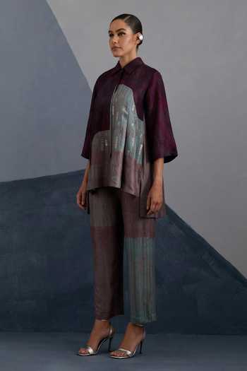 Buy_Clos_Purple Silk, Dupion Collared Omen Print Shirt And Pant Set _Online_at_Aza_Fashions