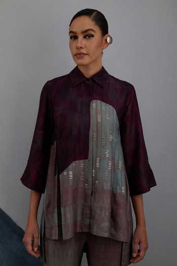 Clos_Purple Silk, Dupion Collared Omen Print Shirt And Pant Set _at_Aza_Fashions