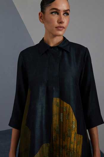 Shop_Clos_Blue Silk, Dupion Collared Omen Print Kurta And Pant Set _Online_at_Aza_Fashions