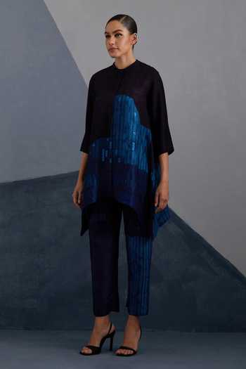 Buy_Clos_Blue Silk, Dupion Mandarin Collar Omen Print Shirt And Pant Set _Online_at_Aza_Fashions