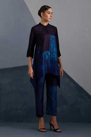 Shop_Clos_Blue Silk, Dupion Mandarin Collar Omen Print Shirt And Pant Set _Online_at_Aza_Fashions