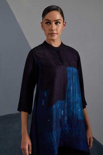Clos_Blue Silk, Dupion Mandarin Collar Omen Print Shirt And Pant Set _at_Aza_Fashions