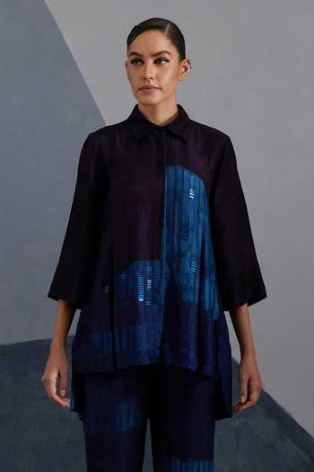Clos_Blue Silk, Dupion Collared Omen Print Shirt And Pant Set _Online_at_Aza_Fashions