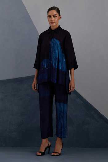 Shop_Clos_Blue Silk, Dupion Collared Omen Print Shirt And Pant Set _Online_at_Aza_Fashions