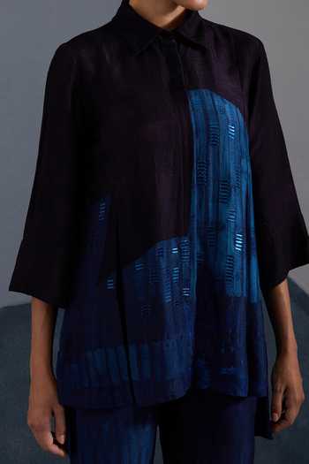 Clos_Blue Silk, Dupion Collared Omen Print Shirt And Pant Set _at_Aza_Fashions