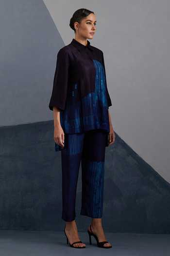Buy_Clos_Blue Silk, Dupion Collared Omen Print Shirt And Pant Set 
