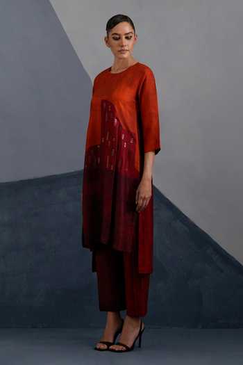 Buy_Clos_Orange Dupion, Silk Round Neck, Yes Omen Print Kurta And Pant Set _Online_at_Aza_Fashions