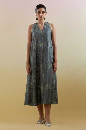 Clos Scribe Indigo & Slate Halter Dress 