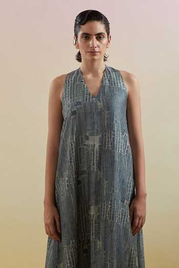 Clos_Blue Silk, Dupion V-neck Scribe Indigo And Slate Halter Dress _Online_at_Aza_Fashions