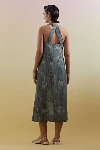 Clos Scribe Indigo & Slate Halter Dress 