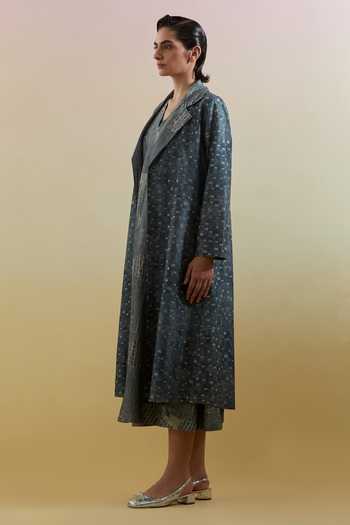 Clos_Blue Silk, Dupion V-, Open Scribe Indigo And Slate Dress With Jacket _Online_at_Aza_Fashions