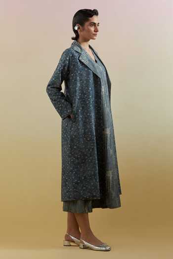 Buy_Clos_Blue Silk, Dupion V-, Open Scribe Indigo And Slate Dress With Jacket _Online_at_Aza_Fashions