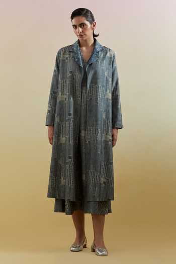 Shop_Clos_Blue Silk, Dupion V-, Open Scribe Indigo And Slate Dress With Jacket _Online_at_Aza_Fashions