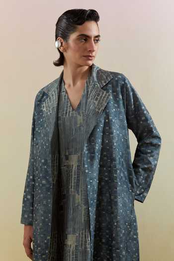 Clos_Blue Silk, Dupion V-, Open Scribe Indigo And Slate Dress With Jacket _at_Aza_Fashions