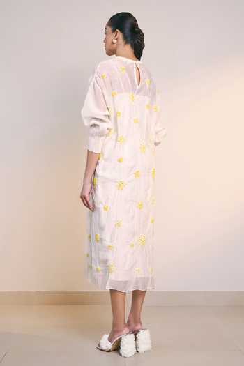 Ilk_Off White Silk, Chanderi Round Neck Beam Dress _Online_at_Aza_Fashions