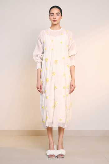 Buy_Ilk_Off White Silk, Chanderi Round Neck Beam Dress _Online_at_Aza_Fashions